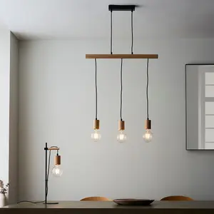 Luminosa Sven Bar Pendant Ceiling Lamp, Matt Black, Natural Wood