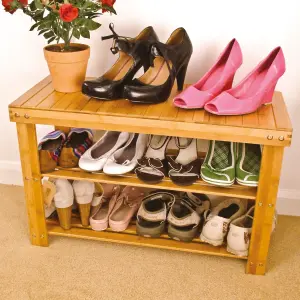 3 Tier Bamboo Shoe Rack - Wooden Shoe Stand Storage Organizer Bench for Hallway, Entryway, Living Room - H45 x W70 x D28.5cm