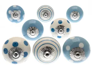 MangoTreeKnobs - Mixed Set of 8 x Light Blue and White Spots and Stripes Ceramic Cupboard Knobs (MG-739)