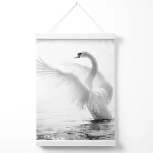 Graceful Swan Bird Black and White Photo Poster with Hanger / 33cm / White