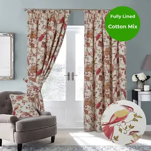 Home Curtains Kensington Fully Lined Botanical 90w x 90d" (229x229cm) Terracotta Pencil Pleat Curtains (PAIR)