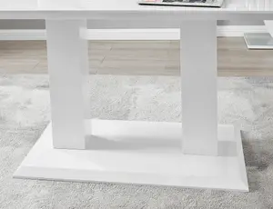 Imperia White High Gloss 6 Seater Dining Table with Structural 2 Plinth Column Legs 6 Beige Padded Faux Leather Murano Chairs