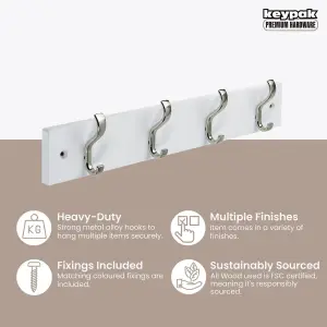 keypak Wall-Mounted Coat Rack - 4 Hooks on Modern Wooden Base for Wall & Door - 38cm (Satin Nickel/White)