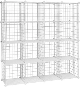 SONGMICS DIY Closet Cabinet, 16 Cube Metal Wire Organizer, Modular Grids and Wire Mesh Shelving, White