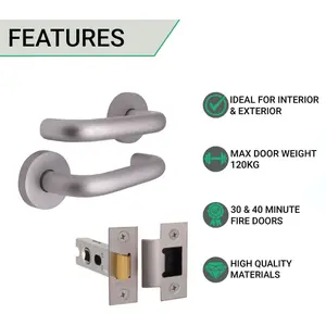 AFIT Satin Aluminium Return To Door Lever on Rose Handle & Latch Kit 76mm Latch