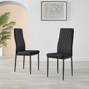 Set of 4 Milan Black High Back Soft Touch Diamond Pattern Faux Leather Black Powder Coated Metal Leg Dining Chairs