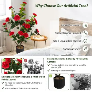 Costway Artificial Camellia Tree Faux Flower Plant Pot Artificial Tree W/ 24 Red Flowers