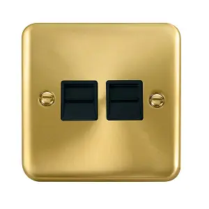 Curved Satin / Brushed Brass Master Telephone Twin Socket - Black Trim - SE Home