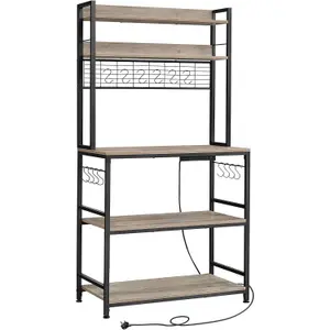 VASAGLE Kitchen Baker's Rack with Built-in Power Outlet, Coffee Station, Hooks, Shelf, Wire Panel, Greige and Ink Black