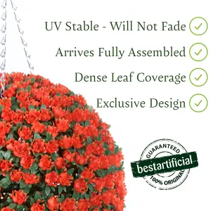 Pair of Best Artificial  28cm Orange Rose Hanging Basket Flower Topiary Ball - Suitable for Outdoor Use - Weather & Fade Resistant