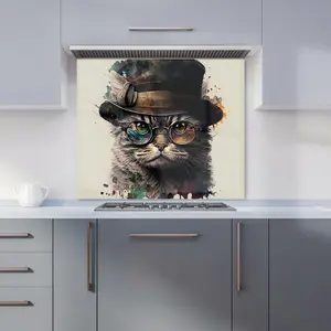 Cat With Glasses And Hat Splashart Premium Glass Kitchen Splashback W600mm x H650mm