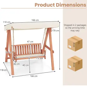 Costway Outdoor 2-Seat Swing Bench Patio Wood Porch Swing w/ Canopy & Cushions