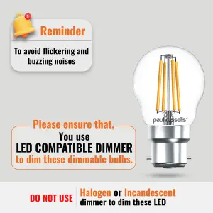 paul russells LED Filament Dimmable Golf Bulb, BC B22, 4.5W 470 Lumens, 40w Equivalent, 2700K Warm White, Pack of 3