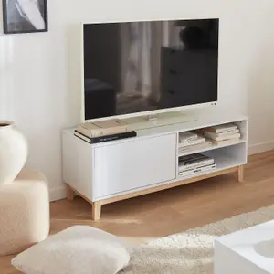 sweeek. 1-drawer TV unit with wooden legs Floki White 120x40x45 cm