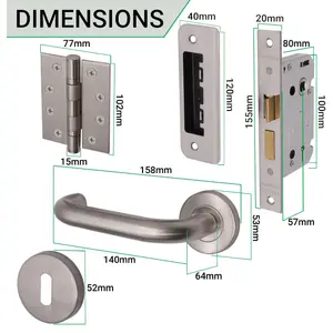 AFIT Satin Stainless Steel Return To Door Lever on Rose Handle Sashlock Kit - 102mm Hinges 80mm Lock