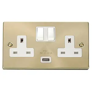 Satin / Brushed Brass 2 Gang 13A 1 USB Twin Double Switched Plug Socket - White Trim - SE Home