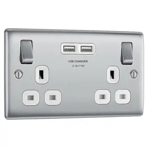 BG Nexus NBS22U3W Switched Socket 2 Gang & USB 3.1A 5V (Brushed Steel/ White Inserts)