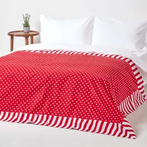 Homescapes Cotton Red Polka Dots and Stripes Sofa Throw