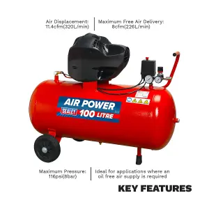 Sealey Air Compressor 100L V-Twin Direct Drive 3hp Oil Free SAC10030F