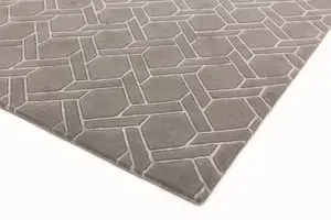 Grey Silver Wool Handmade Modern Luxurious Chequered Geometric Rug For Living Room and Bedroom-120cm X 170cm