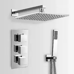 Lilly 3 Dial 2 Way Square Concealed Thermostatic Mixer Valve, Handset & Square Shower Head Chrome