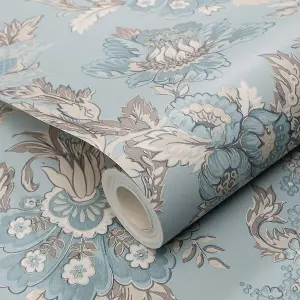 Abode Edward Floral Flowers Leaves Duck Egg Wallpaper