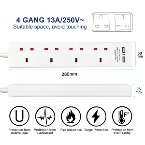 4 Way Socket with Cable 3G1.25,5M,Black,with 2 USB Charger,Child Resistant Sockets