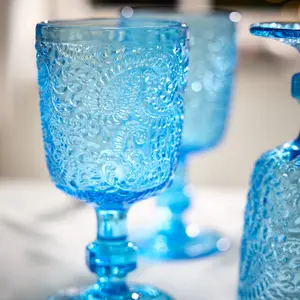 Set of 4 Luxury Bright Blue Drinking Wine Glass Wine Goblets 300ml