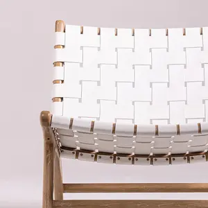 London Accent Chair White Real Leather Woven Straps Seat Nordic Style Teak Frame