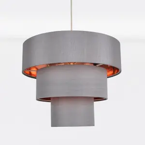 First Choice Lighting Easy Fit Staggered 3 Tier Grey Faux Silk Slub Fabric Shade with Copper Board Inner