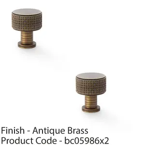 2 PACK - Round Knurled Door Knob - 29mm Diameter Antique Brass Radio Cupboard Pull Handle