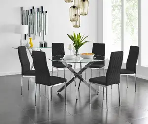 Furniturebox UK Novara 120cm Round Dining Table and 6 Black Velvet Milan Chairs