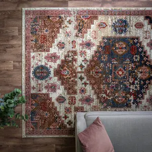 Traditional Beige Persian Bordered Geometric Easy To Clean Rug For Dining Room Bedroom & Living Room-120cm X 170cm