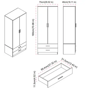 URBNLIVING 180cm Tall 2 Door Wardrobe Oak Carcass and Ash Grey Drawers With 2 Drawers Bedroom Storage Hanging Bar Clothes