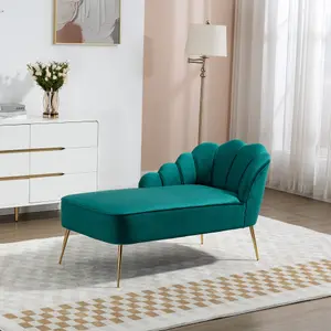 Lissone 130cm Wide Green Velvet Fabric Shell Back Chaise Lounge Sofa with Golden Coloured Legs