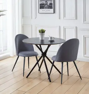 Hallowood Furniture Cullompton Small Round Black Dining Table 90cm with 2 Curved-back Grey Fabric Chairs