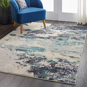 Ivory/Teal/Blue Modern Easy to Clean Abstract Graphics Rug For Dining Room -66cm X 229cm