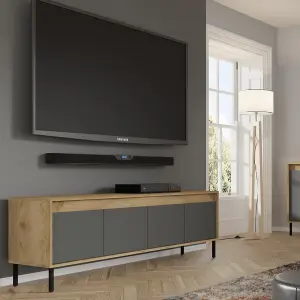 Sleek Oak Golden & Basalt TV Cabinet with Push-To-Open Doors W166cm H56cm D40cm for Modern Entertainment Spaces