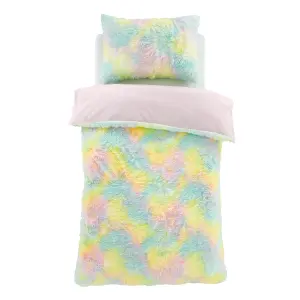 Catherine Lansfield Rainbow Cuddly Deep Pile Faux Fur Double Duvet Cover Set with Pillowcases Pastel