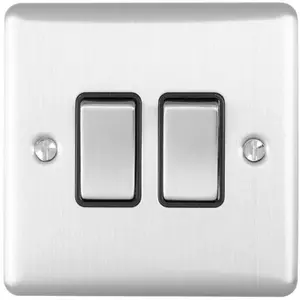 3 PACK 2 Gang Double Metal Light Switch SATIN STEEL 2 Way 10A Black Trim