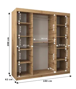 Tokyo 03 Contemporary Mirrored 2 Sliding Door Wardrobe 9 Shelves 2 Rails Black Matt (H)2000mm (W)1800mm (D)620mm