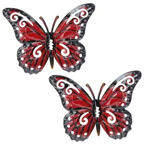 Small Red Metal  Butterfly Garden/Home Wall Art Ornament 11x8.5cm 2pk