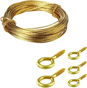 Brass Picture Hanging Wire Cable Cord 6 Meters with 20pcs Eye Screw Hooks 19mm Brass Plated Hook Eye Bolts Screw in Hooks Hanger