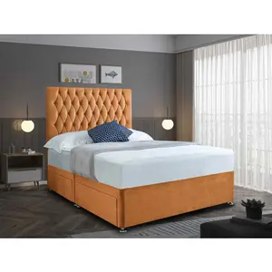 Jemma Divan Bed Set with Headboard and Mattress - Plush Fabric, Mustard Color, 2 Drawers Left Side