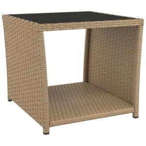 Berkfield Tea Table with Glass Top Beige Poly Rattan&Tempered Glass