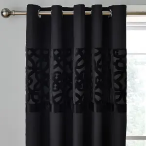 Catherine Lansfield Lattice Cut Velvet 66x72 Inch Eyelet Curtains Two Panels Black