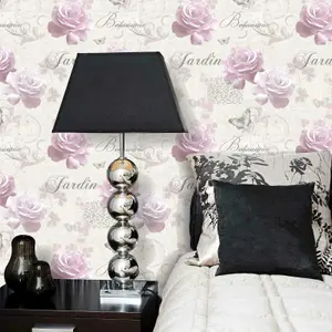 Muriva Botanical Garden Wallpaper Pink Rose Script Floral Butterfly 127502