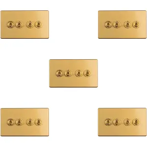 5 PACK 4 Gang Quad Retro Toggle Light Switch SCREWLESS SATIN BRASS 10A 2 Way