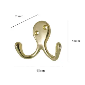 2 Pack of Brass Double Coat Hooks Door & Wall Robe Dress Garment Hangers