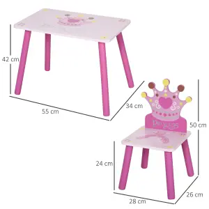 HOMCOM 3 Pcs Kids Princess & Crown Chair Table Set Home Furniture 2-4 Yrs Pink